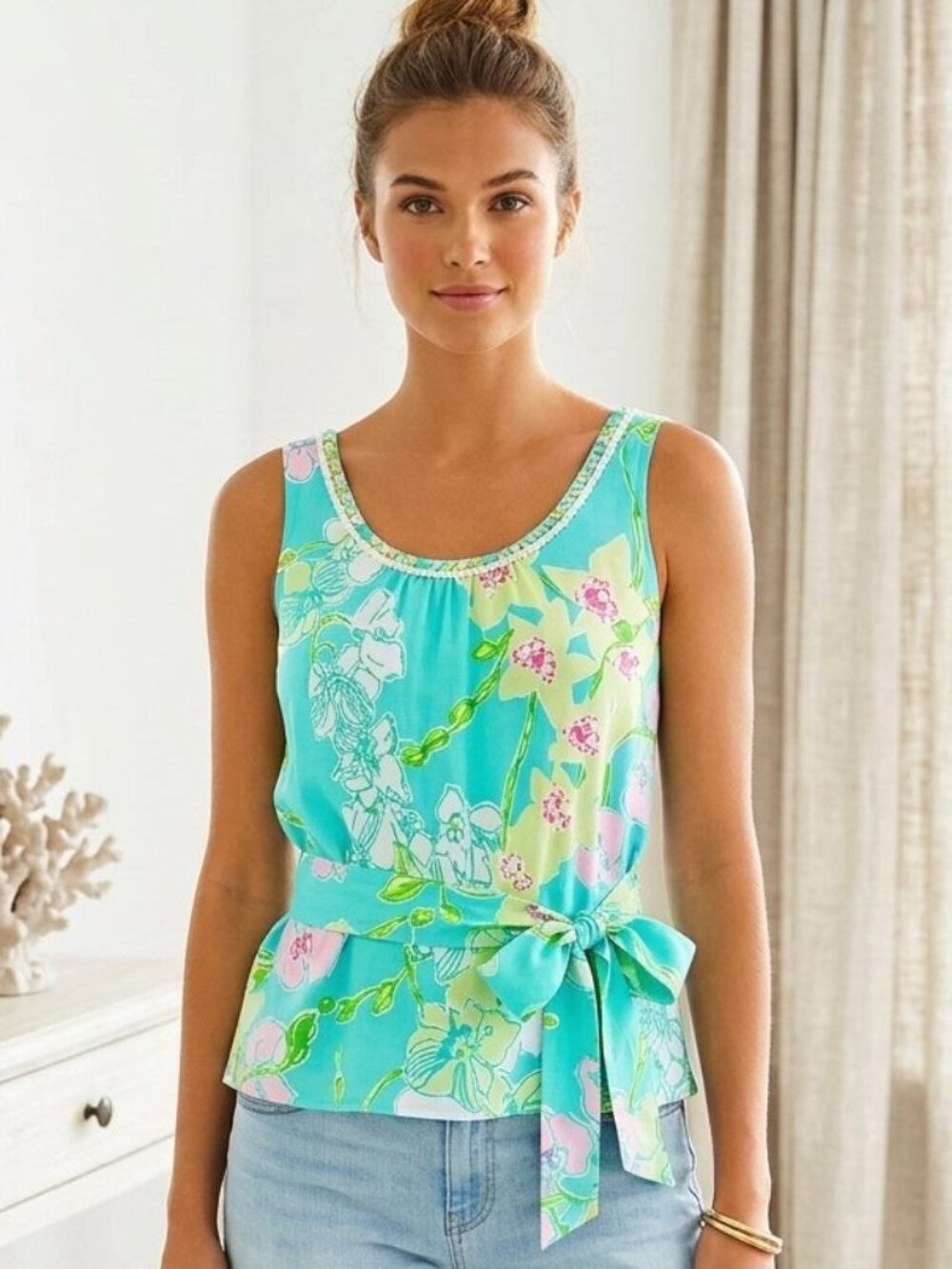 Lilly Pulitzer Floral Print Silk Beaded Tank Top With Sash - 2